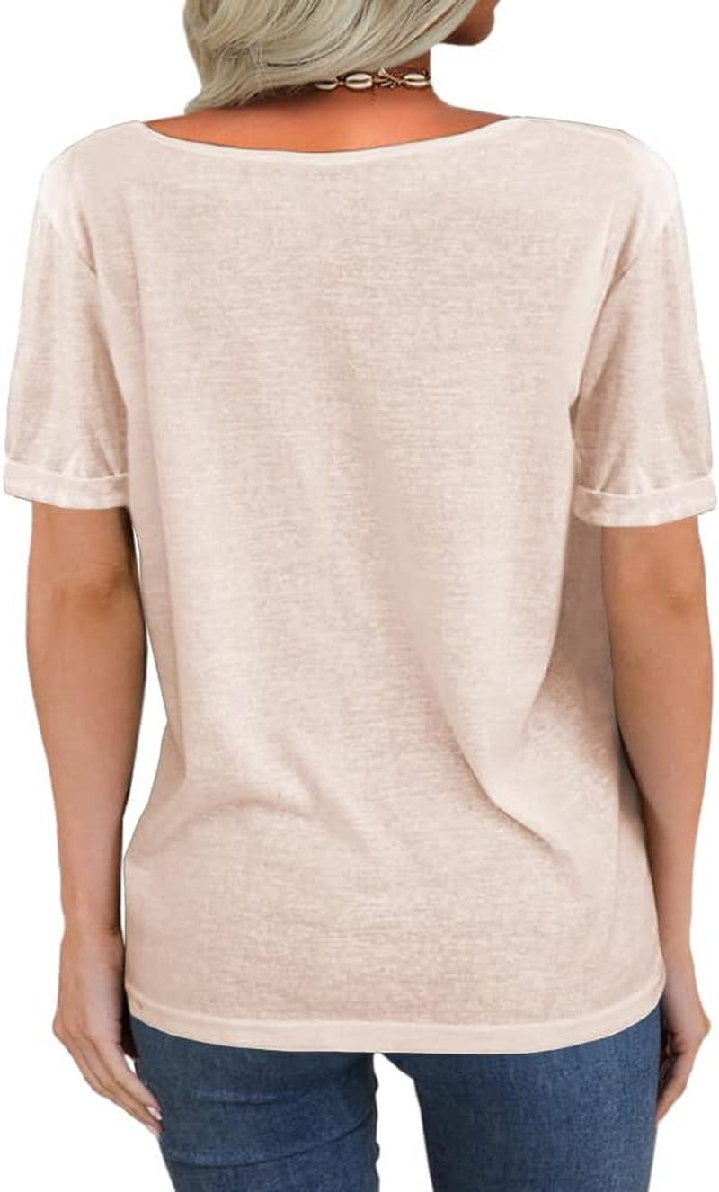 Women Fashion Deep V-Neck Short Sleeve Tops Solid Casual Loose Basic T Shirt