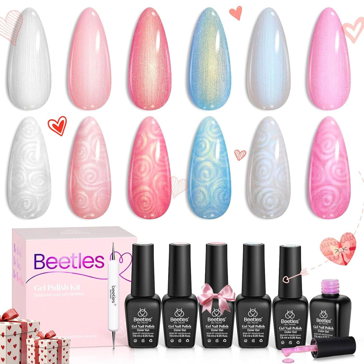 Beetles Pearl Gel Nail Polish 6 Colors Shimmer Glitter White Pink Blue Nail Polish Mermaid Gel Soak Off Uv Led Spring Summer Easter Gel Polish Swirl Thread Effect DIY Manicure Art