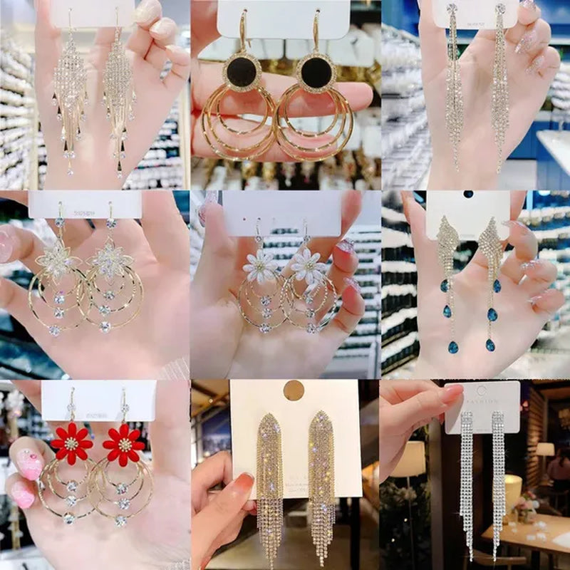 Fashion Women Clear Rhinestone Long Tassel Earrings 925 Silver Needle Temperament Earring Luxury Lady Party Drop Earrings