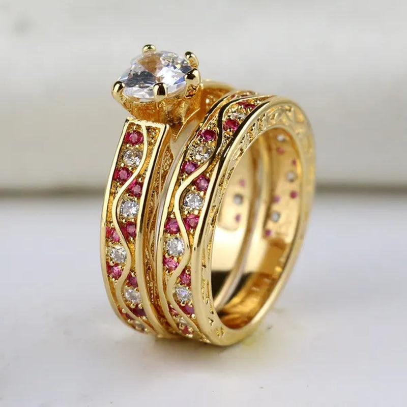 Sz 6-9 Cocktail Ring Champagne Gold Heart Zircon Ruby Women's Wedding Ring Engagement Ring Sets