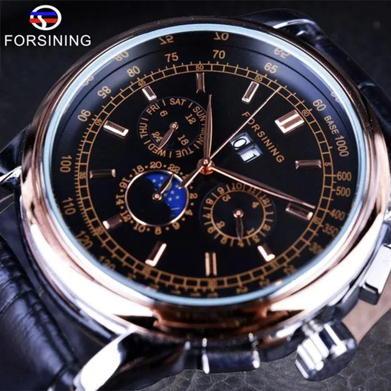 Forsining Moon Phase Shanghai Movement Rose Gold Case Brown Bracelet en cuir véritable Montres pour hommes Top Brand Luxury Auotmatic Watch