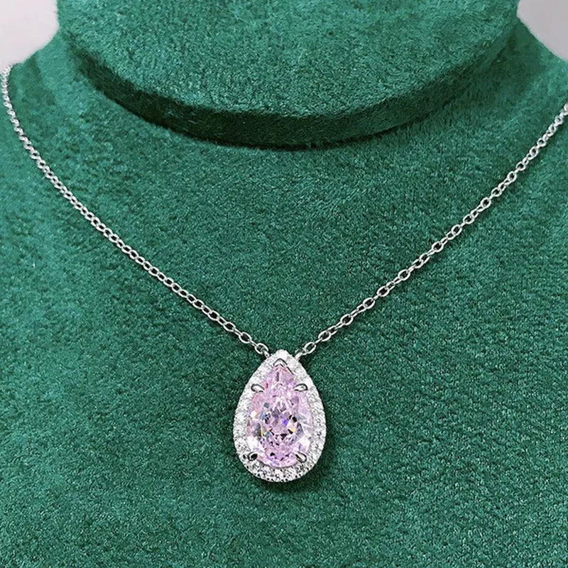 Bridal Wedding Necklace Jewelry 4 Claw Setting Waterdrop Cut Citrine Pink Gemstone Side Stone Lab Diamond Silver Plated Necklace for Women