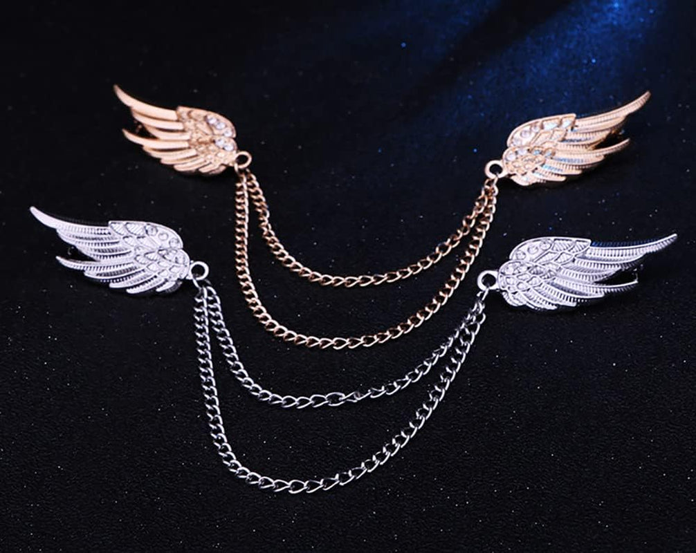 Angel Wings Tassel Chain Brooch Collar Pins. Rhinestone Metal Feather Lapel Pin, Suit Coat Breastpin for Women Men'S Accessories