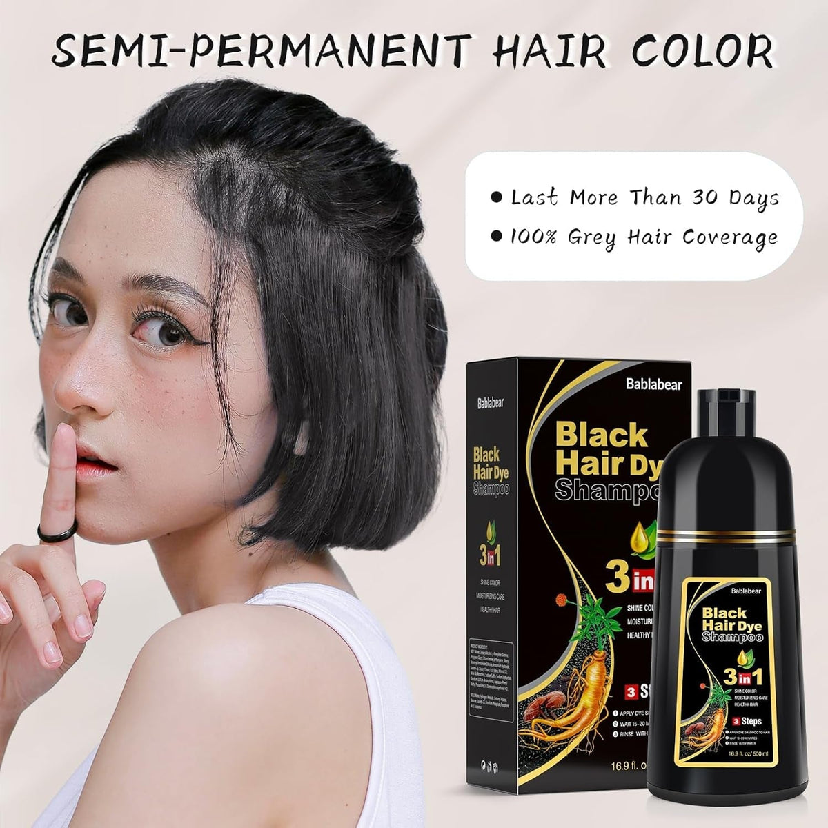 Black Hair Dye Shampoo for Gray Hair, Semi-Permanent Hair Color Shampoo for Women and Men, Herbal Ingredients, 3 in 1 100% Grey Coverage.Lasts 30 Days/500Ml/Natural Herbal Ingredients