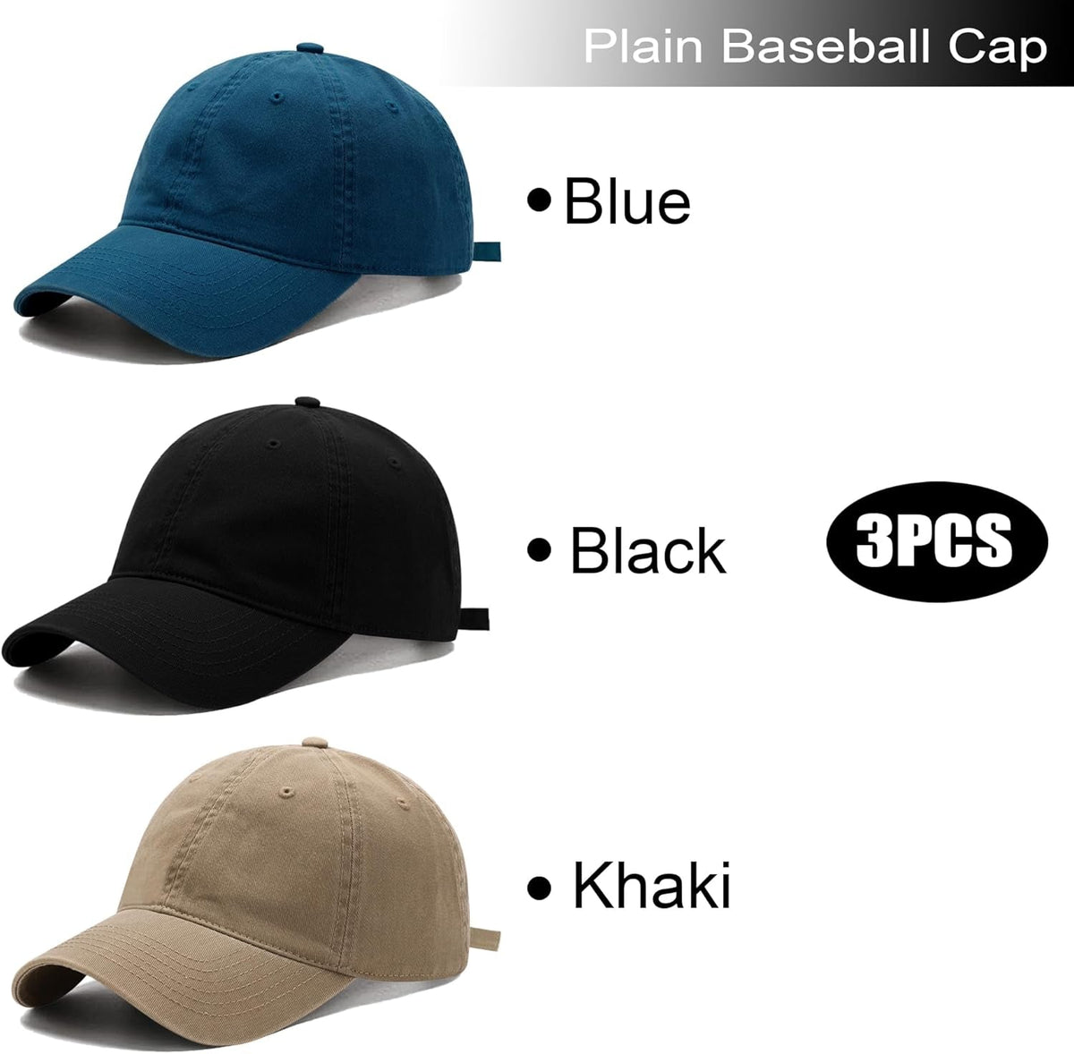 3 Pack Washed Plain Vintage Baseball Cap Cotton Adjustable Twill Bulk Low Profile Classic Dad Hat for Men/Women