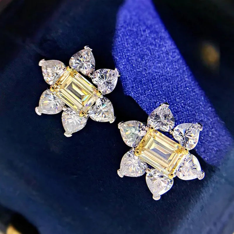Trendy 925 Sterling Silver Citrine Gemstone White Sapphire Flower Stud Earrings for Women Bridal Wedding Fine Jewelry Gift