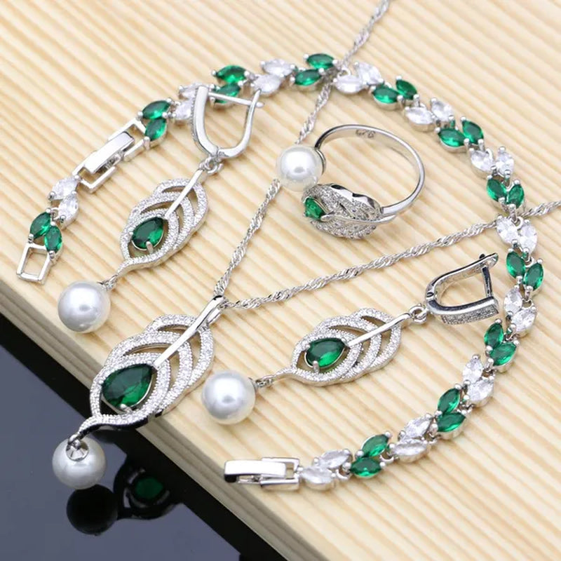 925 Sterling Silver Bridal Jewelry Sets Green Emerald with Pearls Beads Women Wedding Earrings/Pendant/Necklace/Ring/Bracelet