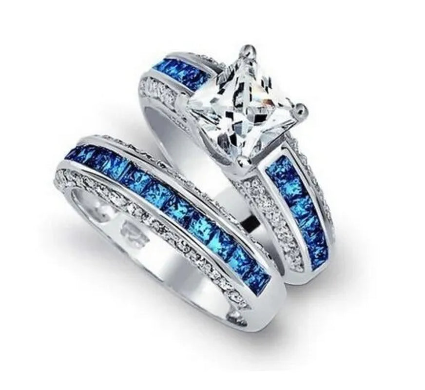2Pcs/Set Princess Luxury 925 Silver Plated Amethyst CZ Gemstones Wedding Set Rings Size 6-11 (Choice Color and Size )