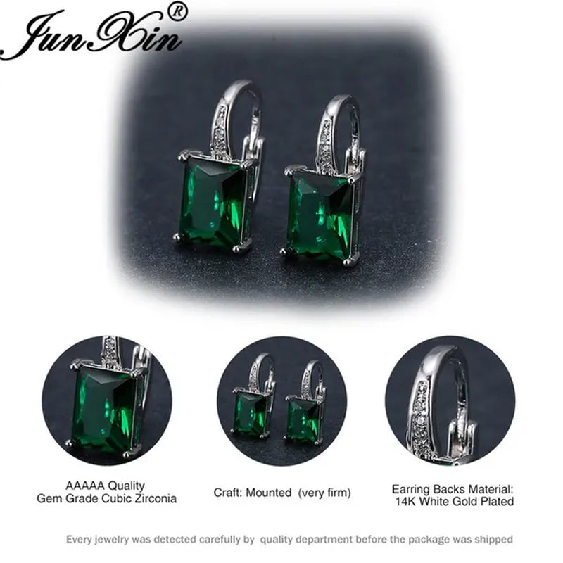 1Pair 925 Sterling Silver 14K White Gold Hoop Earrings New Fashion Rectangle Cut Green Emerald Diamond Earrings Drop Dangle Earrings Princess Gift
