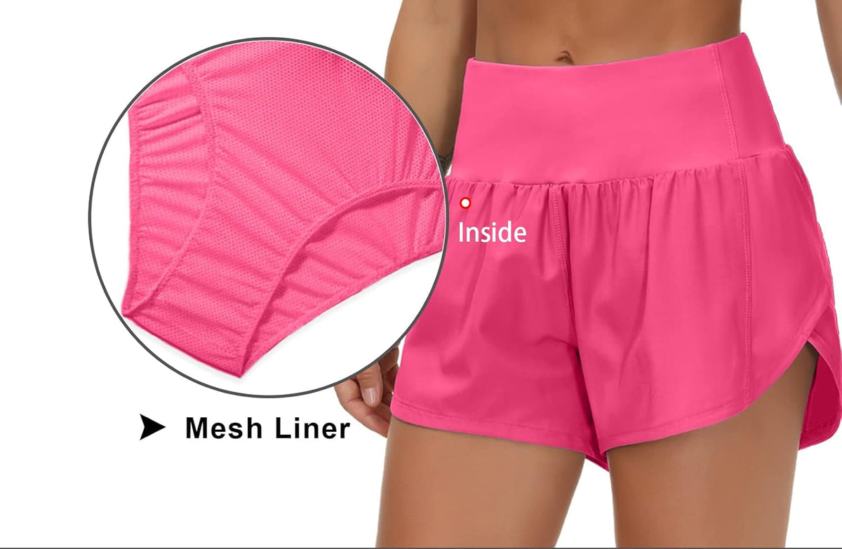 Womens High Waisted Running Shorts Quick Dry Athletic Workout Shorts with Mesh Liner Zipper Pockets