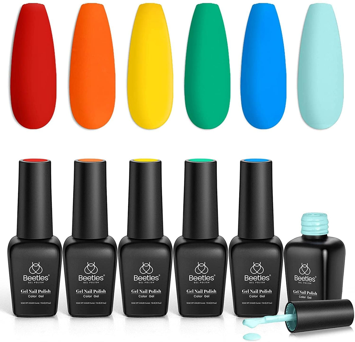 Beetles Gel Nail Polish Set, 6 Retro Colors Old School Collection Soak Off UV Gel Polish Red Yellow Blue Orange Green Gel Polish Nail Art Design Spring Manicure Kit Salon DIY Gifts for Women Girls