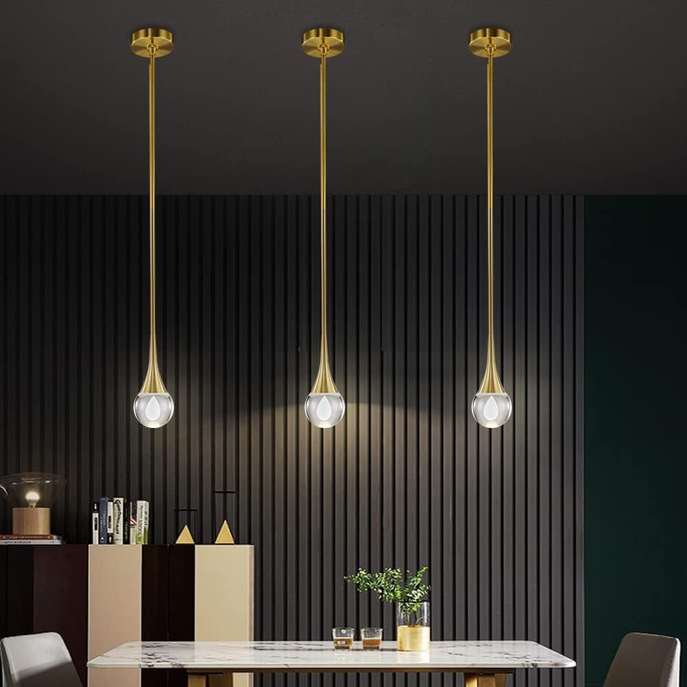 Pendant Light Fixtures 1-Light Mini Pendant Lighting for Kitchen,Gold Globe Pendant LED Light Fixture,Teardrop Crystal Pendant Light for Bedroom Dining Room Bar