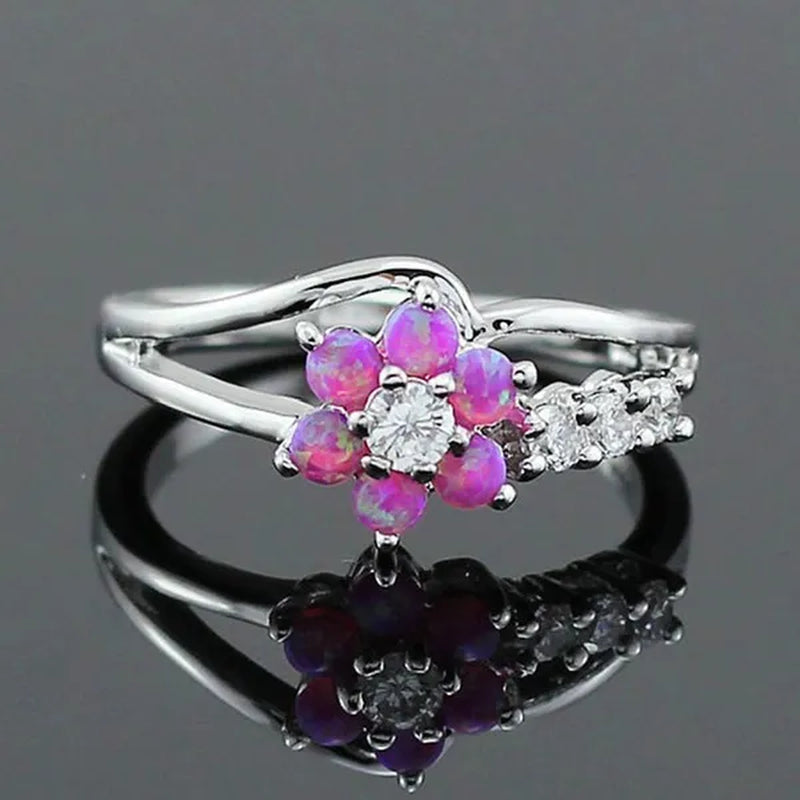 Delysia King Exquisite round cut white fire Australian gemstone flower ladies opal ring diamond jewelry birthday gift bridal engagement party ring size 6-10