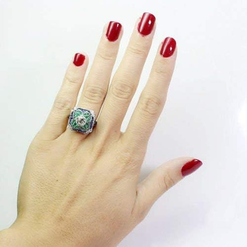 925 Sterling Silver Vintage Emerald Ring Blue Sapphire White Topaz Ring Women Wedding Fashion Jewelry Size 6-10