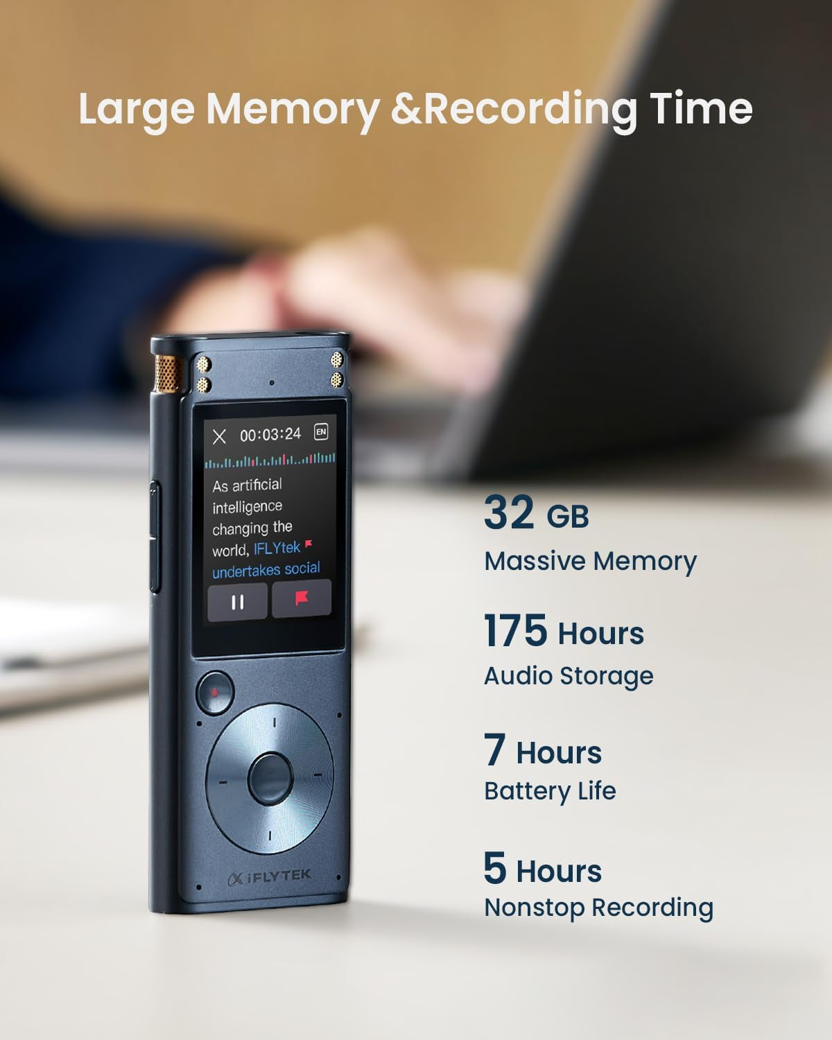 Offline Voice Recorder with Playback, Secure Digital Recorder with AI Transcription, 5-Language Voice-To-Text, Noise Reduction, AI Voice Recorder for Meetings, Interviews, Learning