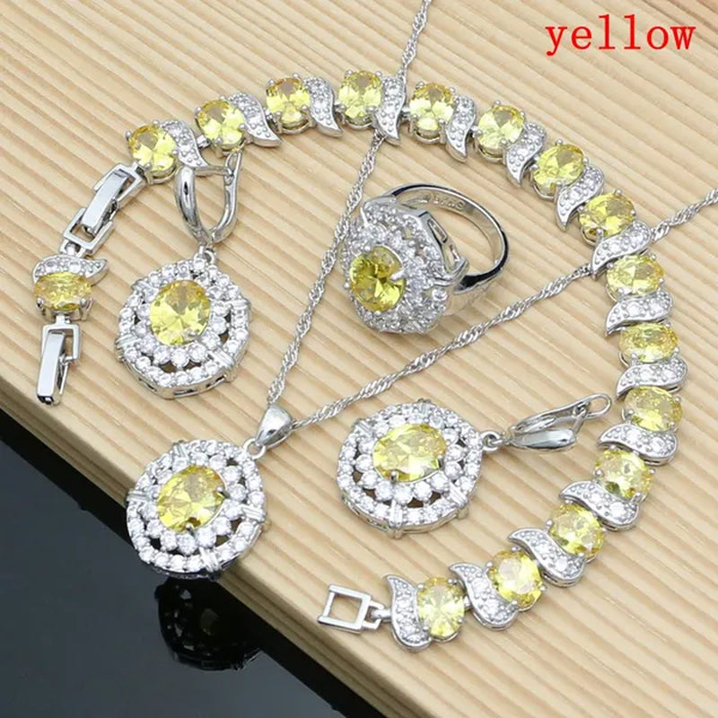 Oval 925 Silver Party Jewelry Sets blue sapphire White CZ Earrings Pendant Necklace Rings Bracelet Gift For Women