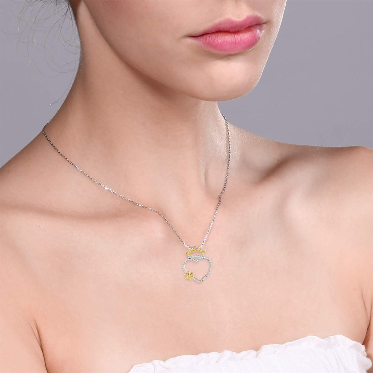 10Kt Yellow Gold Womens round Diamond Heart Crown Flower Pendant 1/4 Cttw