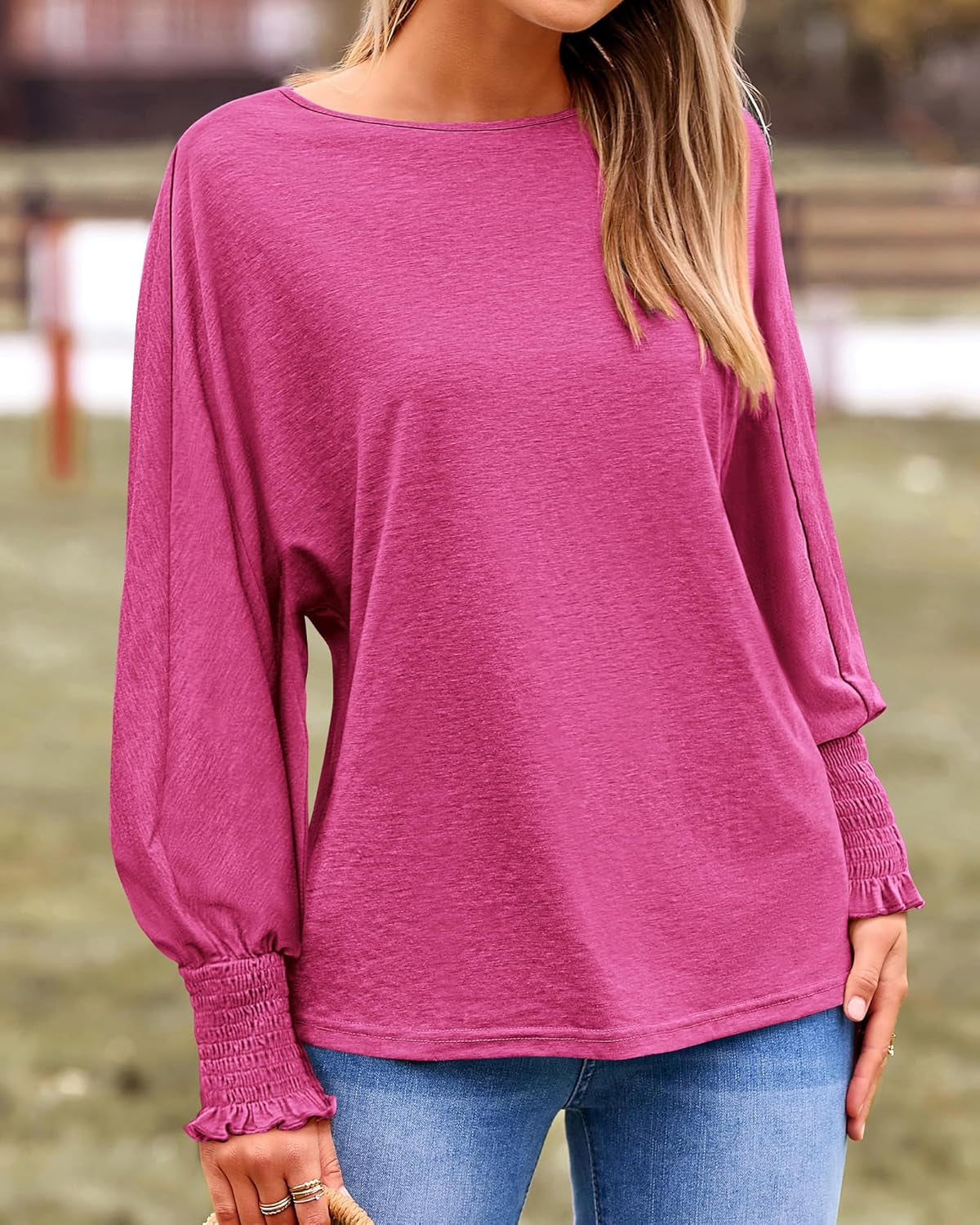 Womens Long Sleeve Tops Fall Outfits 2024 Dressy Casual Crew Neck Tee Shirts Smocked Loose Top Tunic Blouse