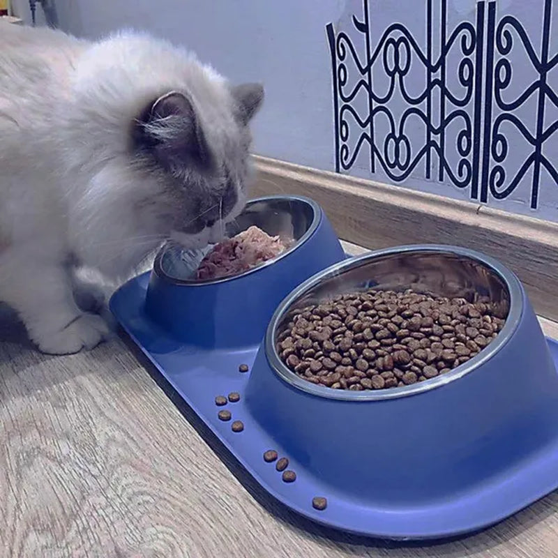 Double Dog Bowls Pet Cat Feeding Stainless Steel Water Food Bowls Feeder Tilted Elevated Cat Bowl Dispenser Pet Accessories