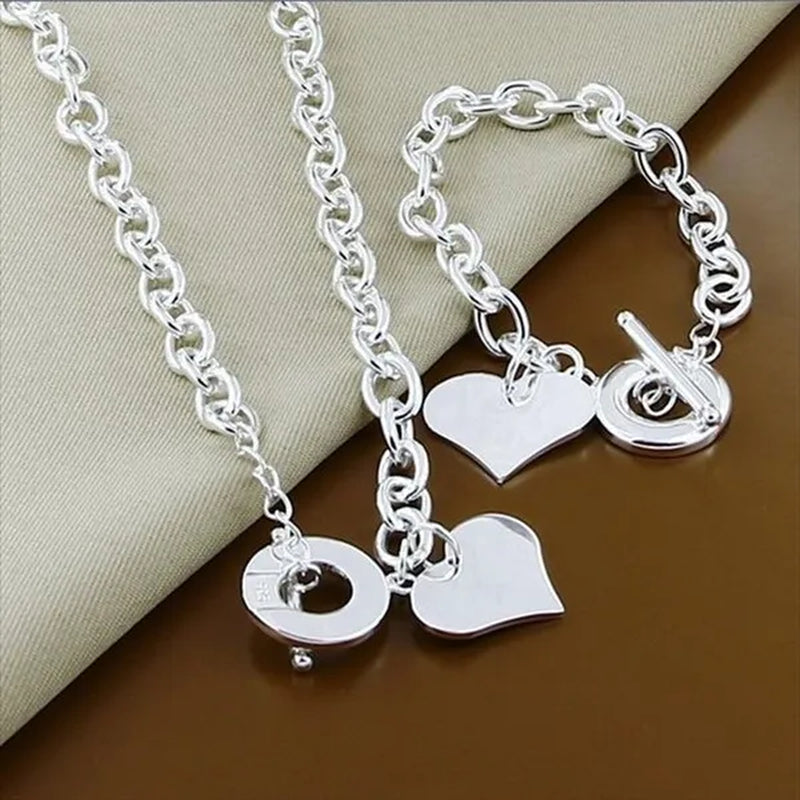 High Quality 925 Sterling Silver Heart Shape Pendant Necklace Bracelet Jewelry Sets For Women Men Classic Gift wholesale