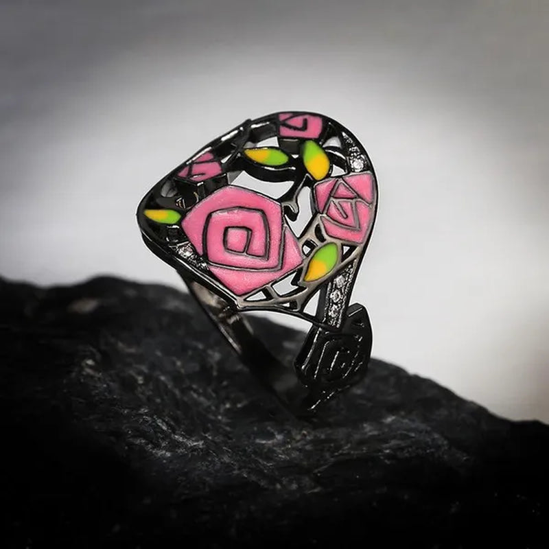 Fashion Personality Black Rose Lady Flower Ring 925 Silver Jewelry Hand-painted Oil Painting Handmade Enamel Ring Women Jewelry