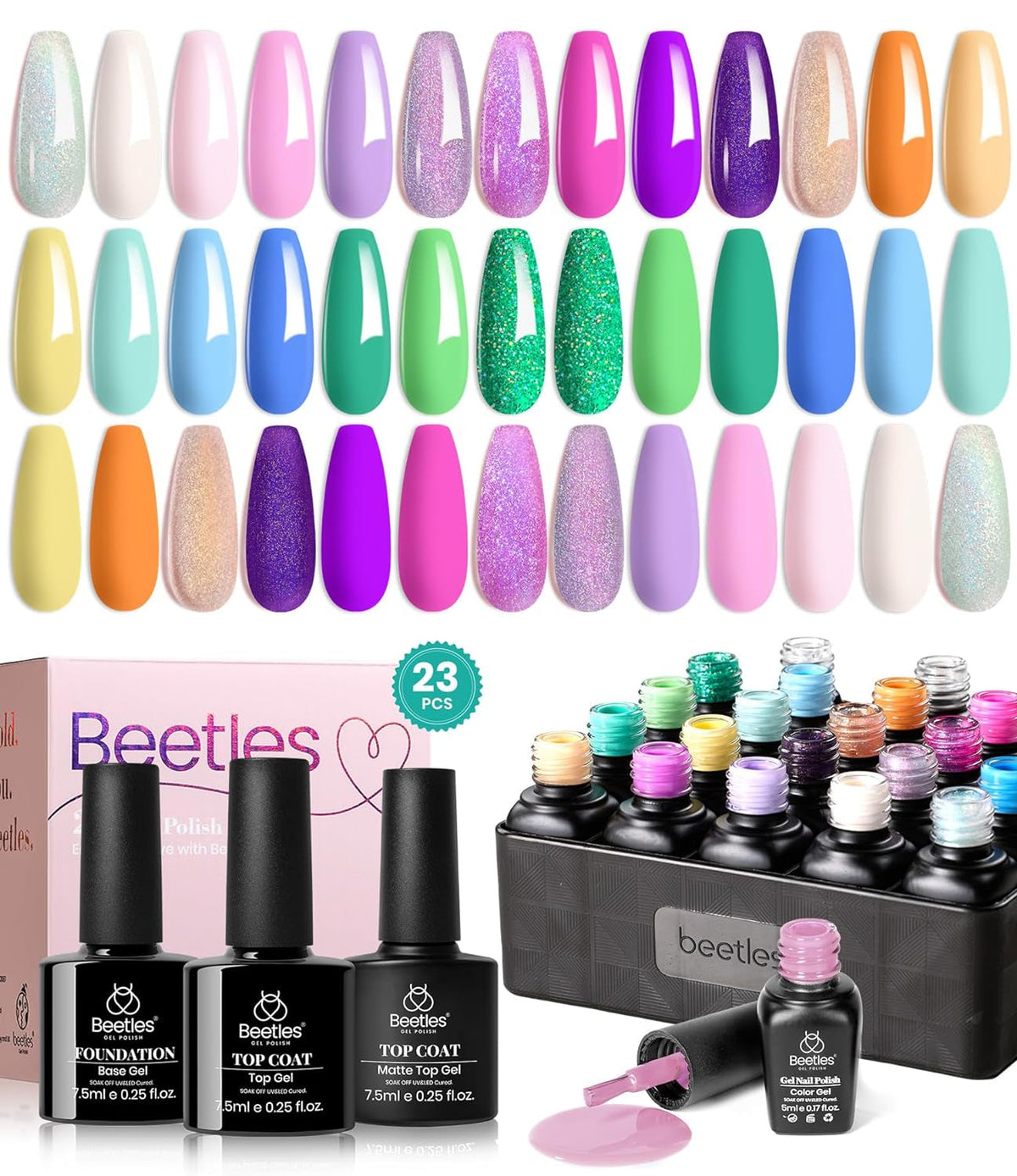 Beetles 23Pcs Gel Nail Polish Kit with Glossy Matte Top Coat and Base Coat Girls Night Collection White Nude Gray Glitters Gel Nail Polish Set U V Soak Off Holiday Manicure for Women Girls
