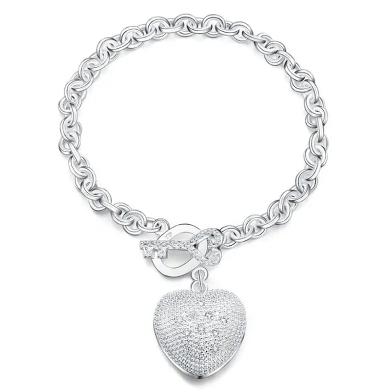 925 Sterling Silver Bracelet Jewelry Shiny Crystal Heart Key Bracelet for Women Christmas Gift