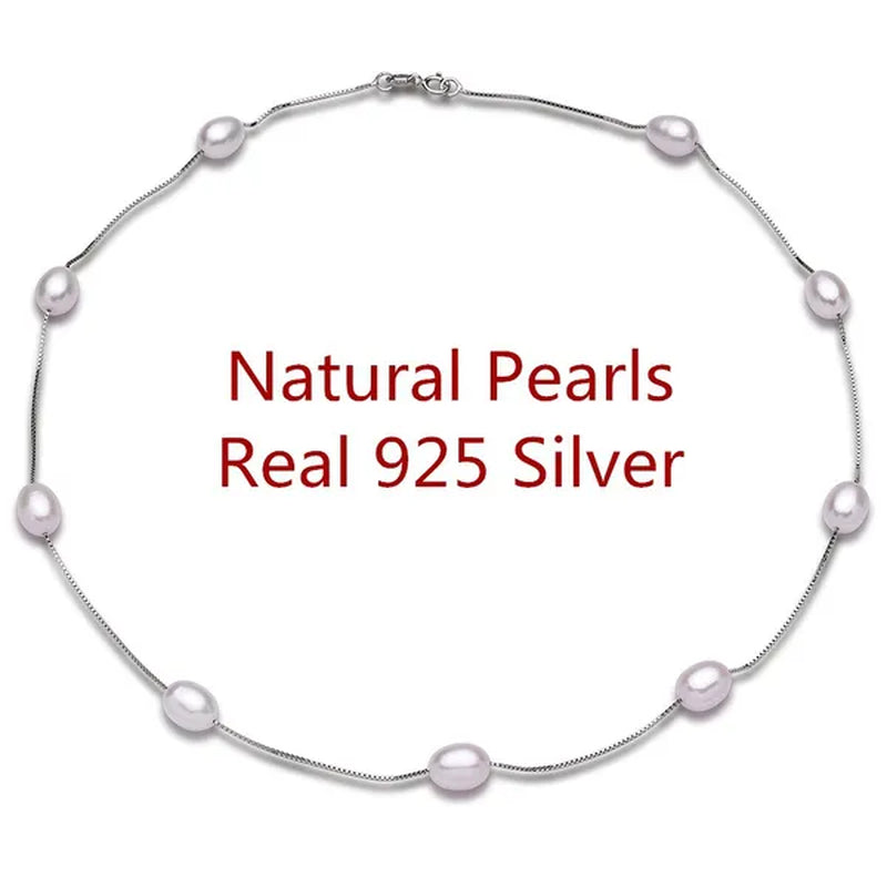 Real 925 Sterling Silver Natural White Ellipse Freshwater Pearl Chain Necklace for Women Gifts FEIGE