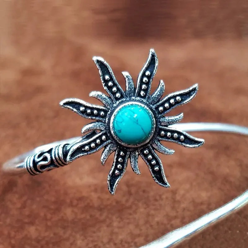 1 Pc Bohemian Turquoise Sunflower Bracelets Creative Sun Pattern Opening Bangle For Women Vintage Party Jewelry