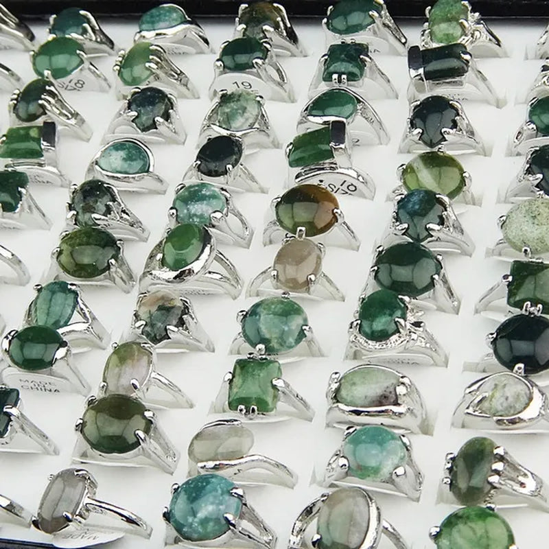 Vintage Hot Selling Mix Style 10pcs Natural Green Stones Tourmaline Fashion Silver Rings for Womens Mens Wholesale Jewelry Lots