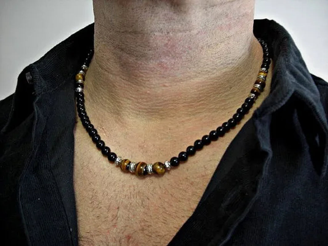 Black Onyx Tiger Eye Silver Accents Men's Necklac