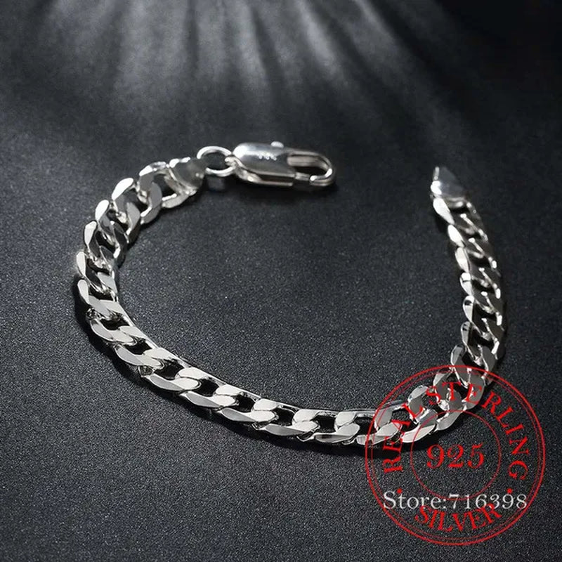 Men's Fine Jewelry 8 Inch 20cm Bracelet 925 Sterling Silver Fashion Charm 8MM Sideways Flat Chain Bracelets Bangle For Women Men