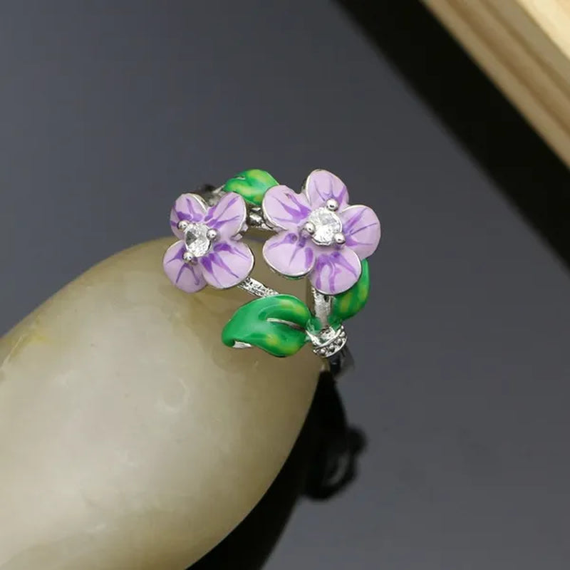 Purple Enamel Jewelry Sets Flower Green Leaves 925 Silver Jewelry Earrings Ppendant Ring for Women