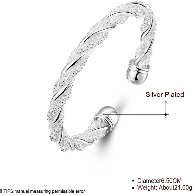 Fashion 925 Sterling Silver Cable Wire Twisted Cuff Bangle Bracelets Set for Women