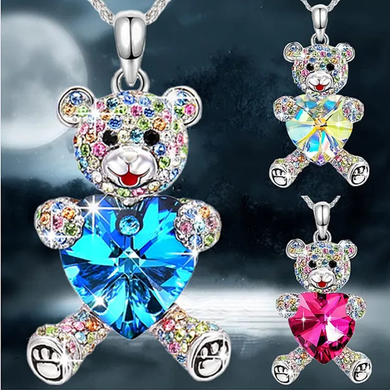 Elegant Fashion Creative Women's Heart-shaped Crystal Bear Necklace Diamond Bear Necklace Women's Engagement Necklace Cute Girl Animal Jewelry Birthday Anniversary Gift