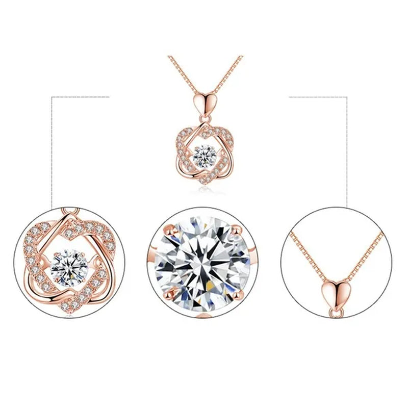 Fashion Romantic Double Heart Diamond Heartbeat Necklace Sapphire Flower Pendant Necklace with Zircon Rose Necklace for Women Engagement Jewelry
