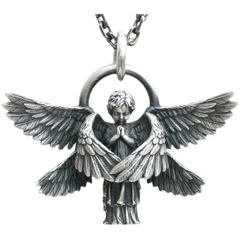 925 Sterling Silver Classic Angel Pendant Necklace Handmade Seraphim Pray Pendant Long Chain Neck for Men Women Jewelry