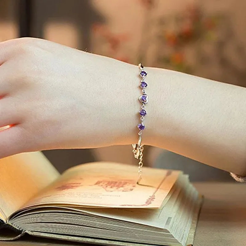 925 Sterling Silver Heart-shaped Amethyst Bracelet Ladies Fashion Jewelry Christmas Gift