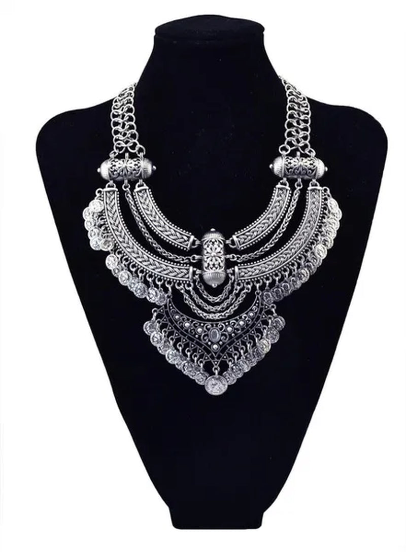 Vintage Silver Gold Chains Fine Jewelry Coins Tassel Choker Necklace Women Big Flower Moon Statement Necklace