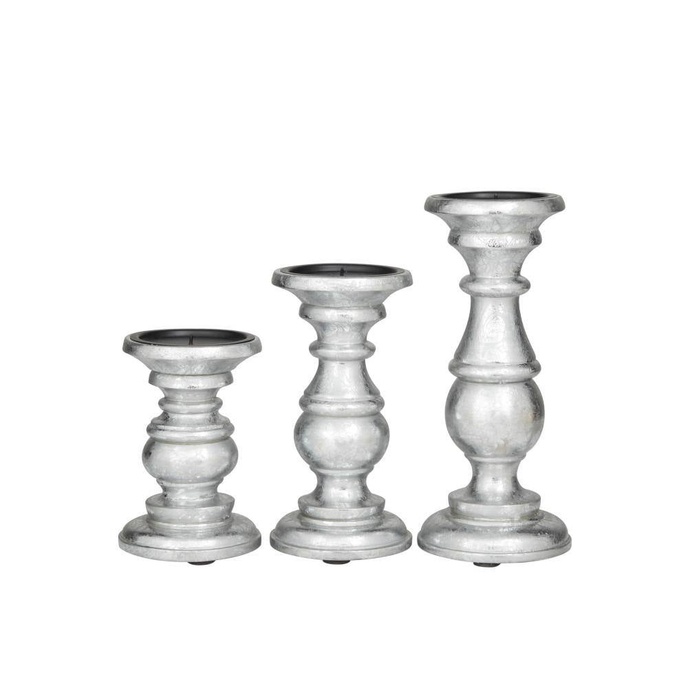 Silver Mango Wood Turned Style Pillar Candle Holder (Set of 3)