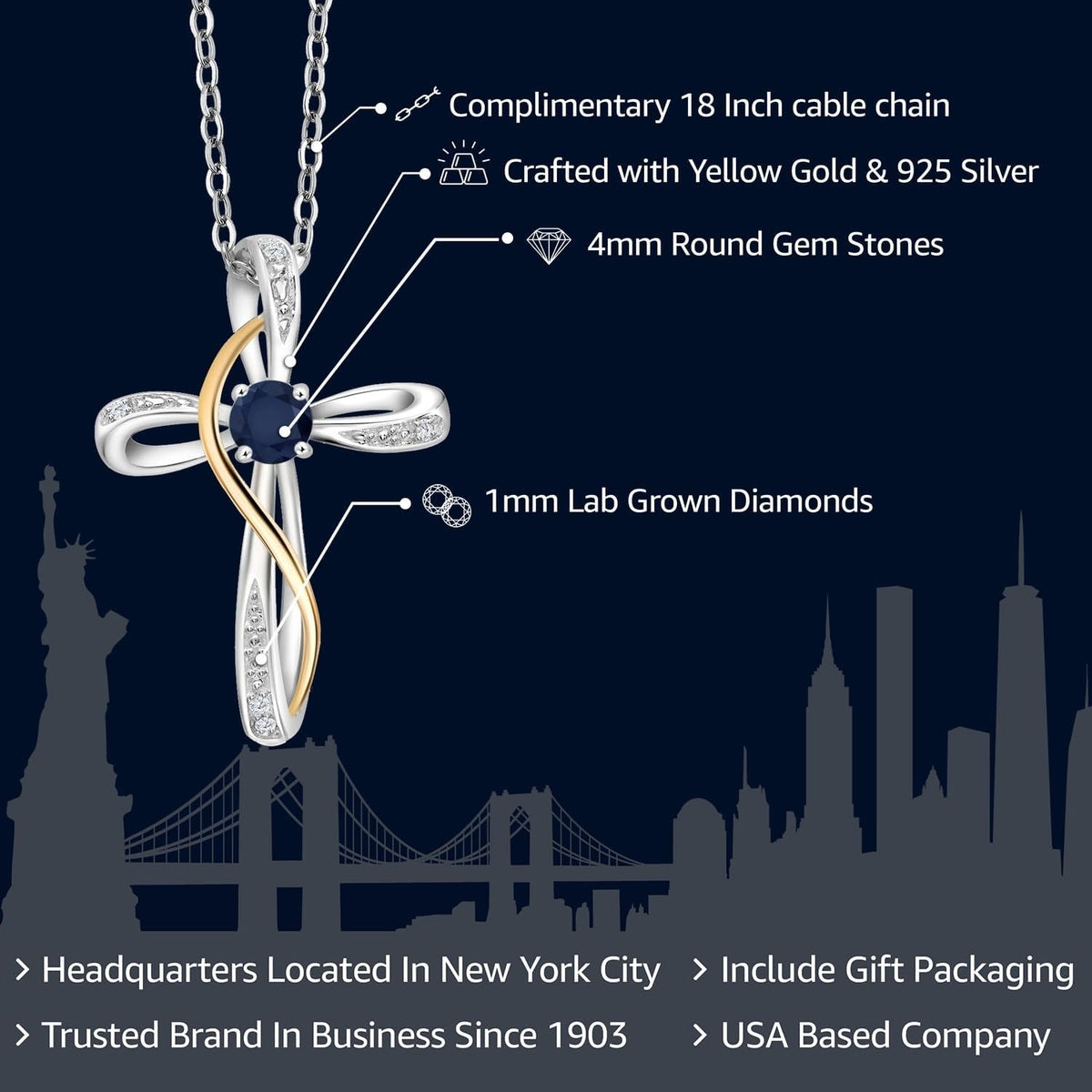 Infinity Cross Necklace for Women | 925 Sterling Silver and 10K Yellow Gold | Gemstone Birthstone and White Lab Grown Diamond Cross Faith Pendant Necklace | with 18 Inch Chain