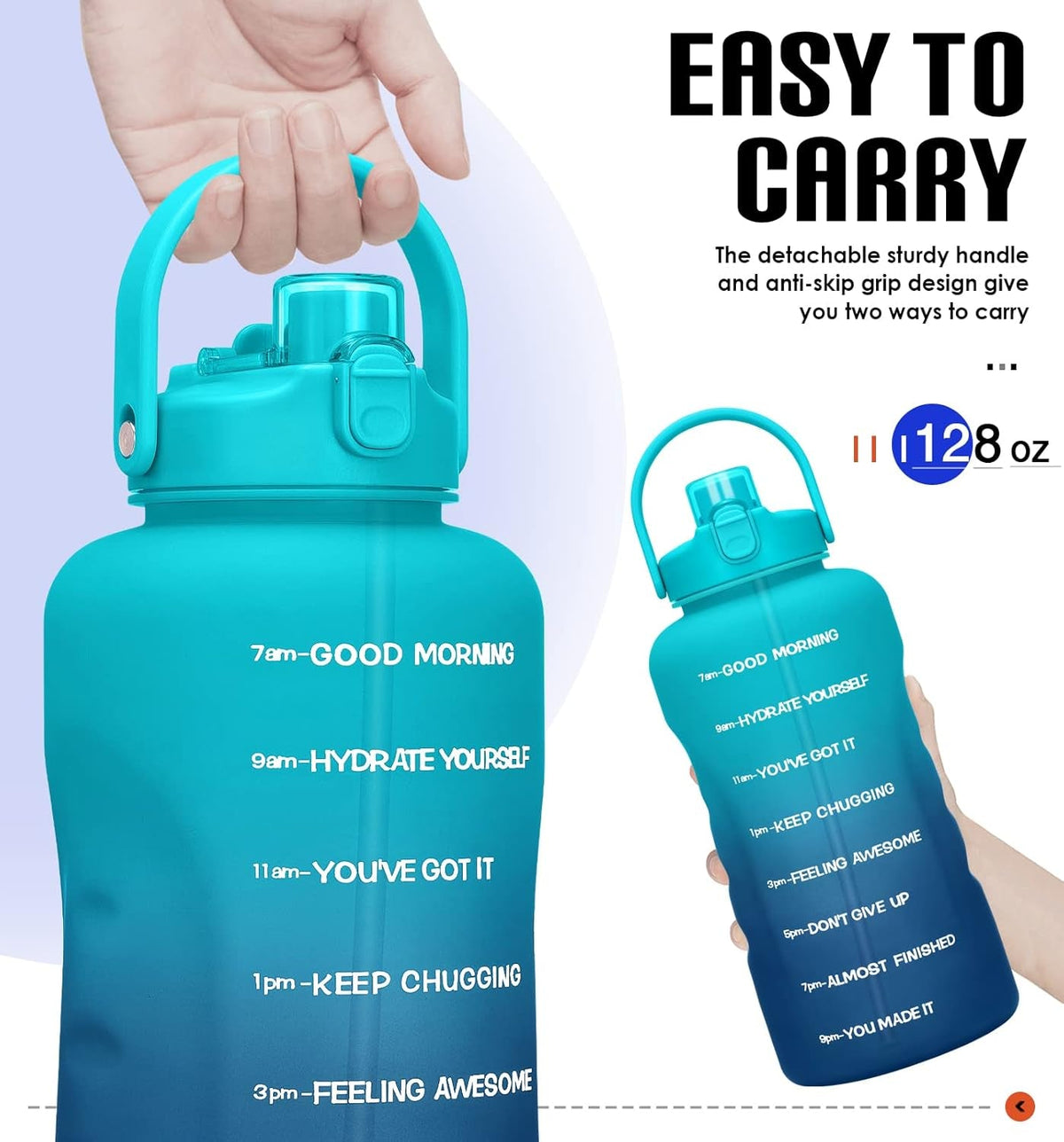 1 Gallon Water Bottles with Straw, 128 Oz / 3.8L Water Bottle BPA Free Innovative 2-IN-1 Lid Gym Bottle with Times to Drink Motivational, Large for Sports Fitness Camping Water Jug One Gallon