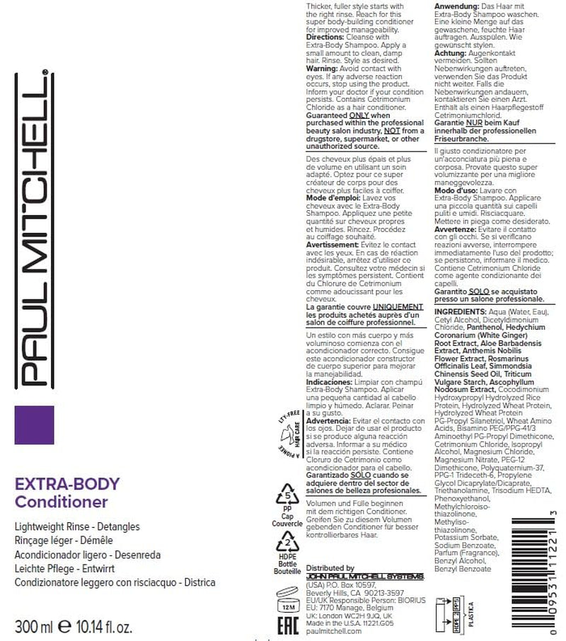 Paul Mitchell Extra-Body Conditioner, Detangles + Volumizes, for Fine Hair