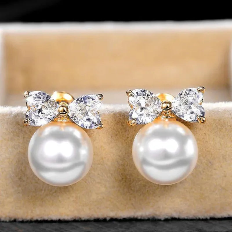 New Fashion 925 Sterling Silver Diamond Women's Bow Pearl Charming Stud Earrings