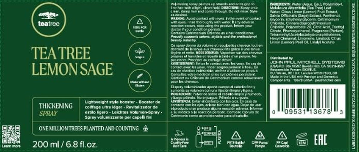 Tea Tree Lemon Sage Thickening Spray, Builds Body + Boosts Volume, for Fine Hair