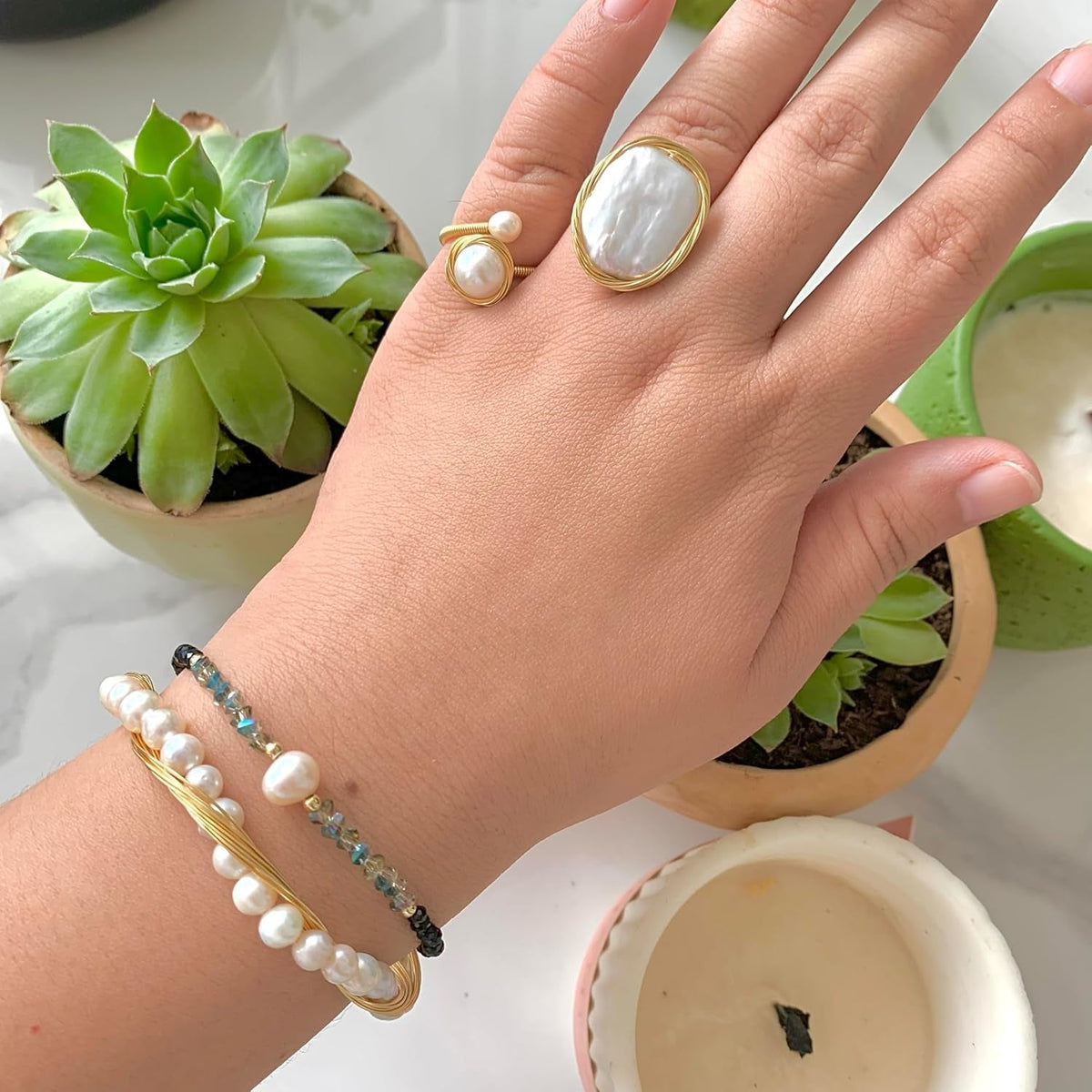 Handcrafted Natural Baroque Pearl Ring Winding Design Opening Adjustable 14K Gold Plated Material Beads