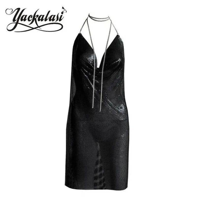 Club Women Party Dress Kendall Jenner Metal Mesh Spaghetti Strap Sheath Draped Hollow Out Spark Diamonds Neck Halter