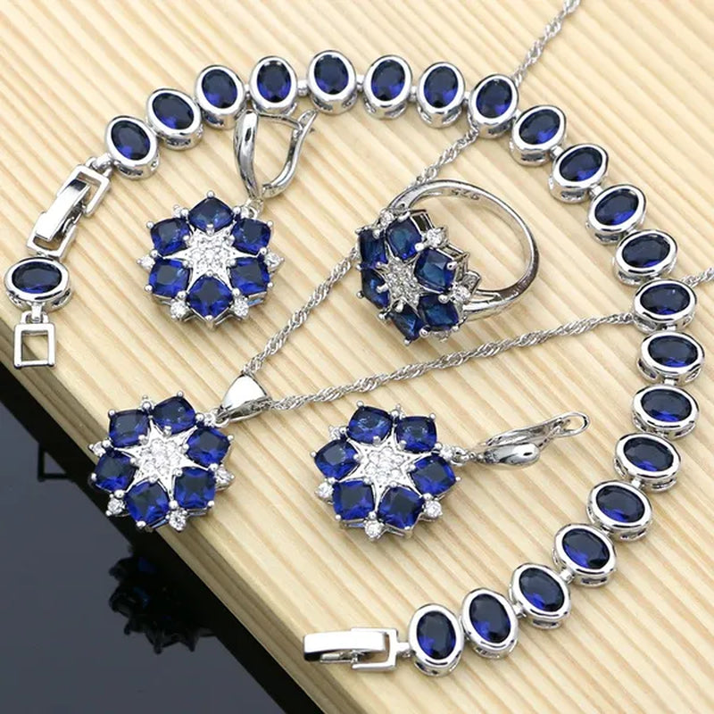 925 Silver Bridal Jewelry Sets Blue Sapphire White Topaz Charm for Women Party Earrings Ring Bracelet Set