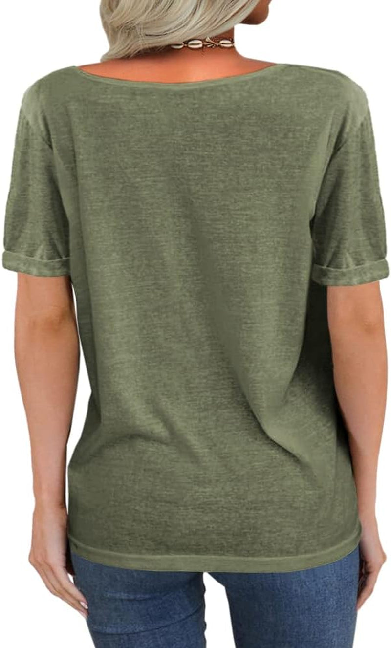 Women Fashion Deep V-Neck Short Sleeve Tops Solid Casual Loose Basic T Shirt