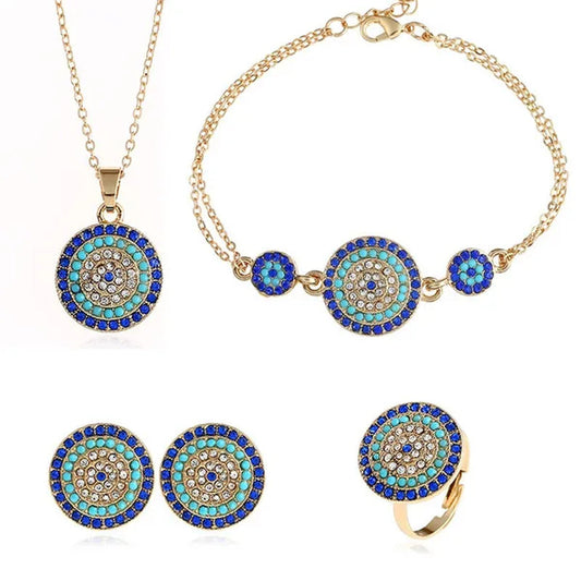 4 Pieces Set Round Turkish Blue Evil Eye Necklace Earring Bracelet Ring Fashion Rhinestone Eye Necklace Bracelet Ring Earrings Set for Women Jewelry